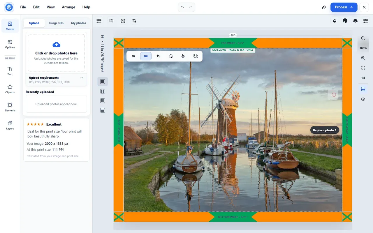 Canvas designer photo toolbar with Fit, Fill, crop and rotate, and the photo layout picker beside the canvas