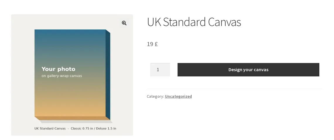 Canvas product page before a design exists, with the price and the Design your canvas button