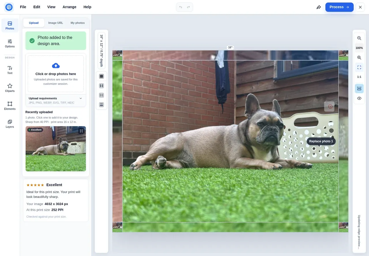 Canvas designer with an uploaded photo placed on the face and wrap bands and the quality card rating it Excellent