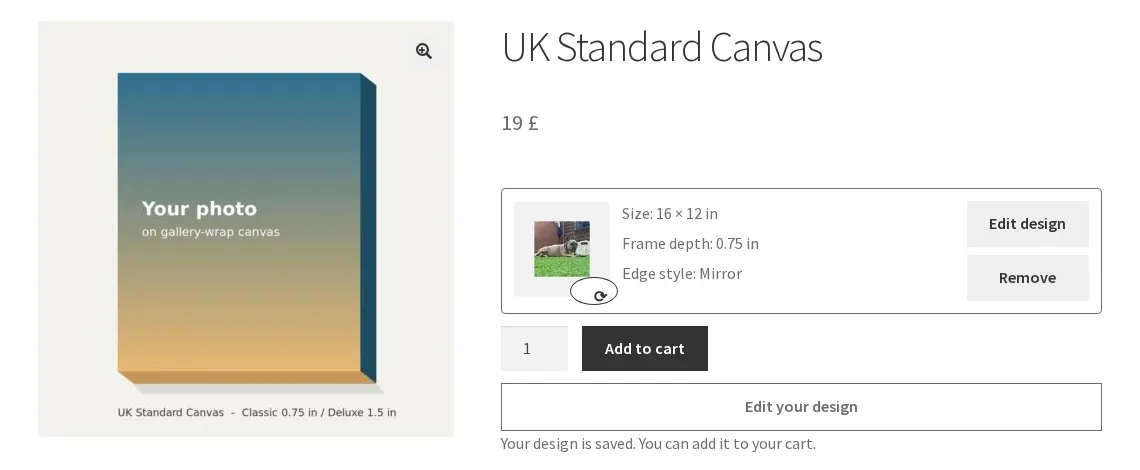 Product page after Process: the saved design thumbnail with its size, frame depth and edge style, ready to add to the cart