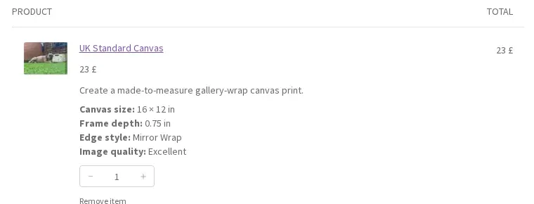 Cart with the canvas design thumbnail and every canvas choice listed