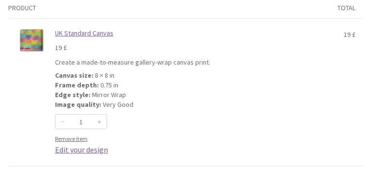 Cart line with the Edit your design link