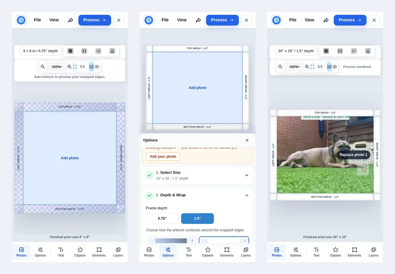 Three phone screens: the canvas designer opening, a 1.5 inch Deluxe canvas with a white solid edge, and the rendered preview with white sides
