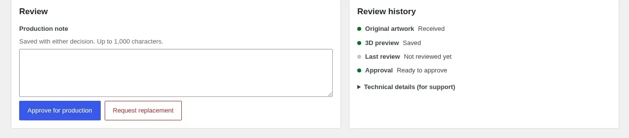 Artwork detail review decision with Approve for production and Request replacement, and the review history