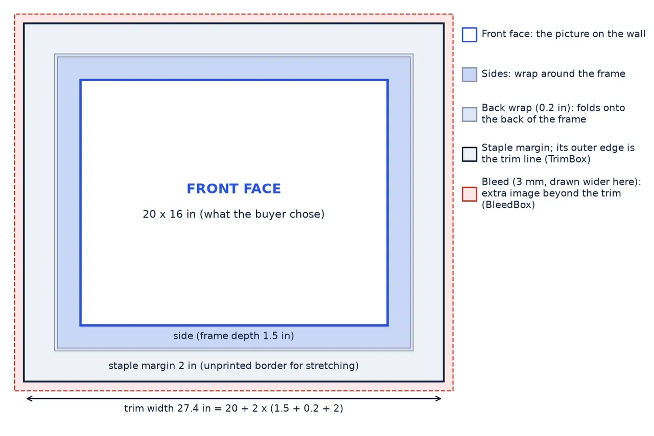 Diagram of how a 20 by 16 inch canvas with a 1.5 inch frame becomes a 27.4 by 23.4 inch print sheet with trim, bleed and cut line