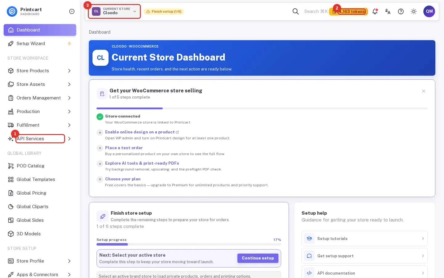 Printcart Dashboard home with API Services in the sidebar marked 1, the token balance marked 2 and the current store marked 3