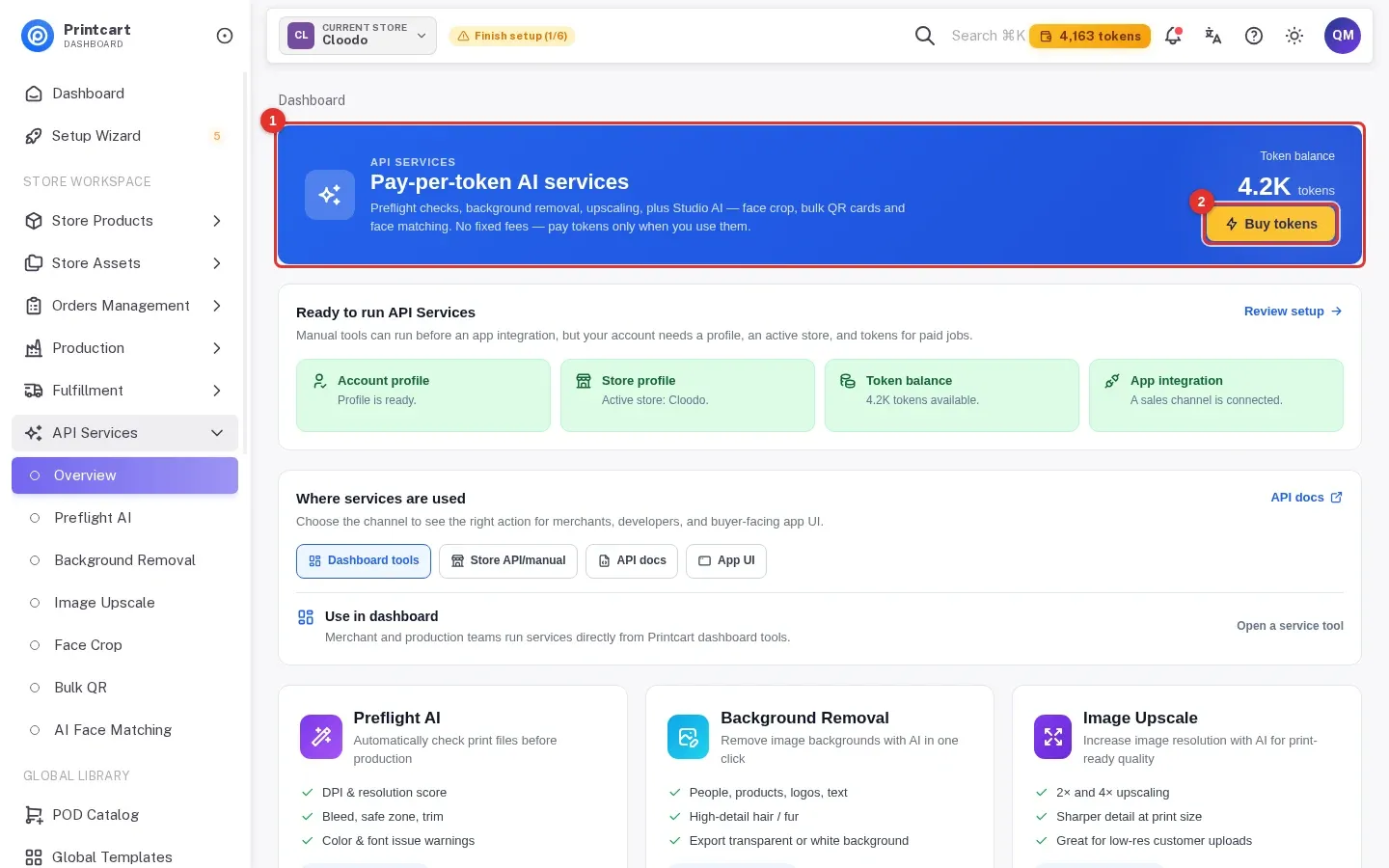 API Services overview page with the token balance card marked 1 and the Buy tokens button marked 2