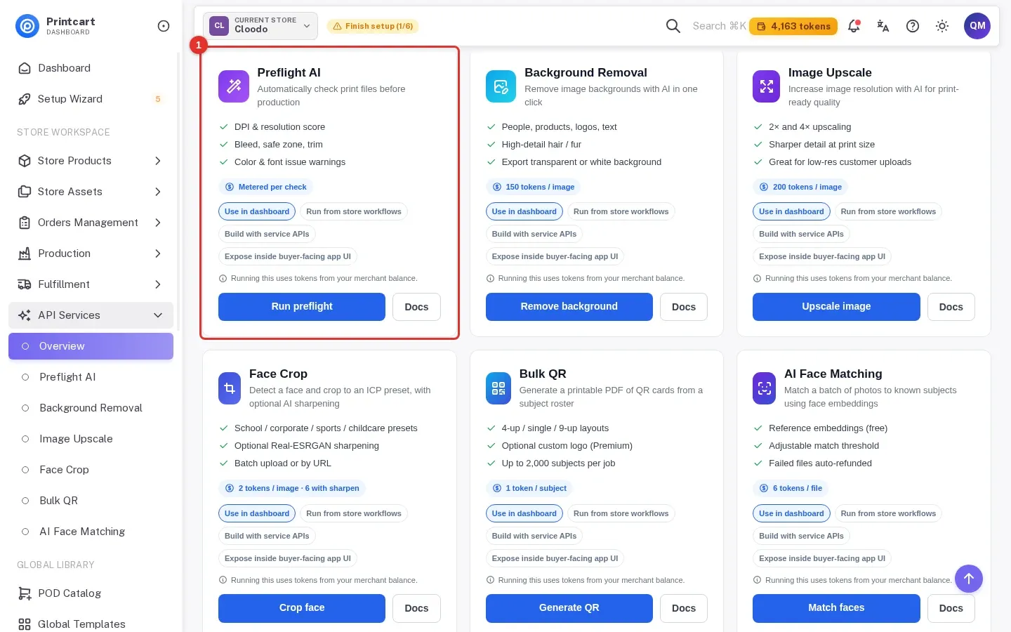 API Services overview showing the tool cards with what each tool does and its price