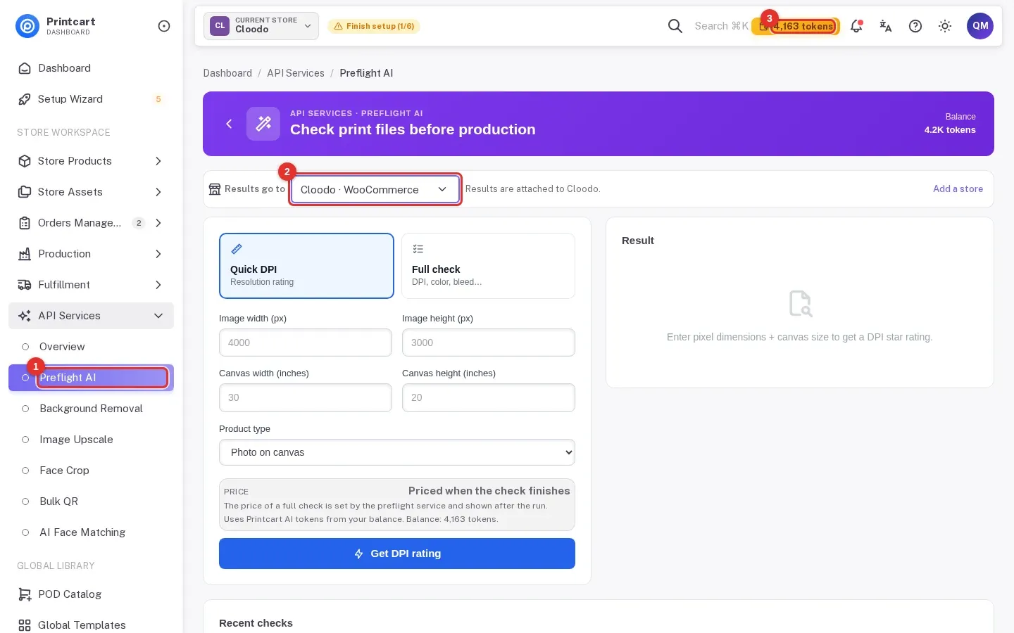Printcart Dashboard Preflight AI page with the sidebar item marked 1, the Results go to store picker marked 2 and the token balance marked 3