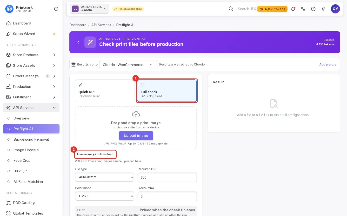Preflight AI page with the Full check tab marked 1 and the Use an image link instead link marked 2