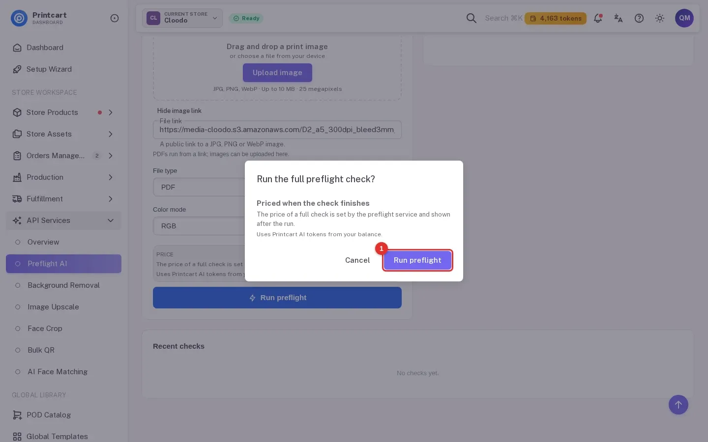Run the full preflight check confirmation box for a PDF with the Run preflight button marked 1