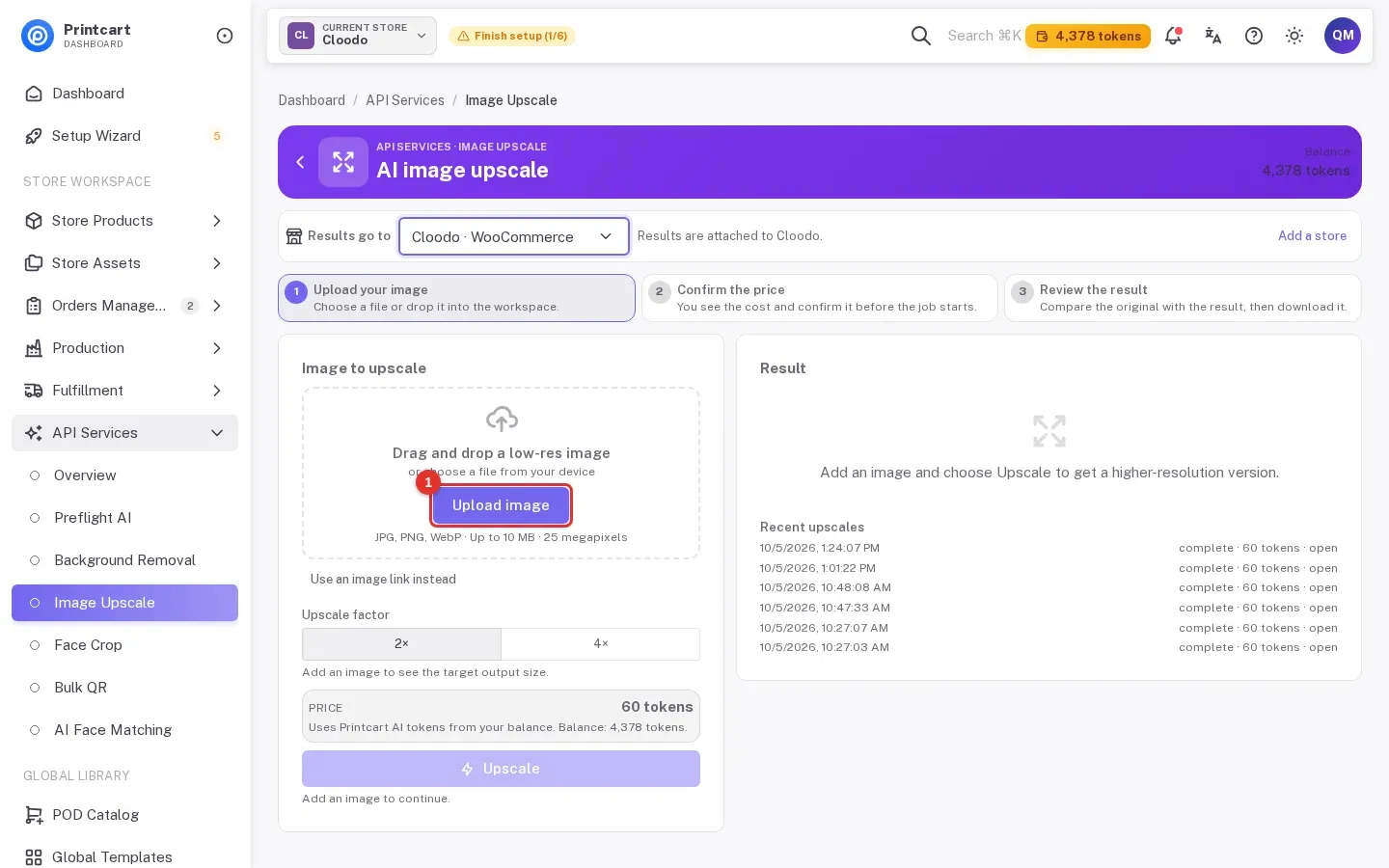 Image Upscale page with the Upload image button marked 1
