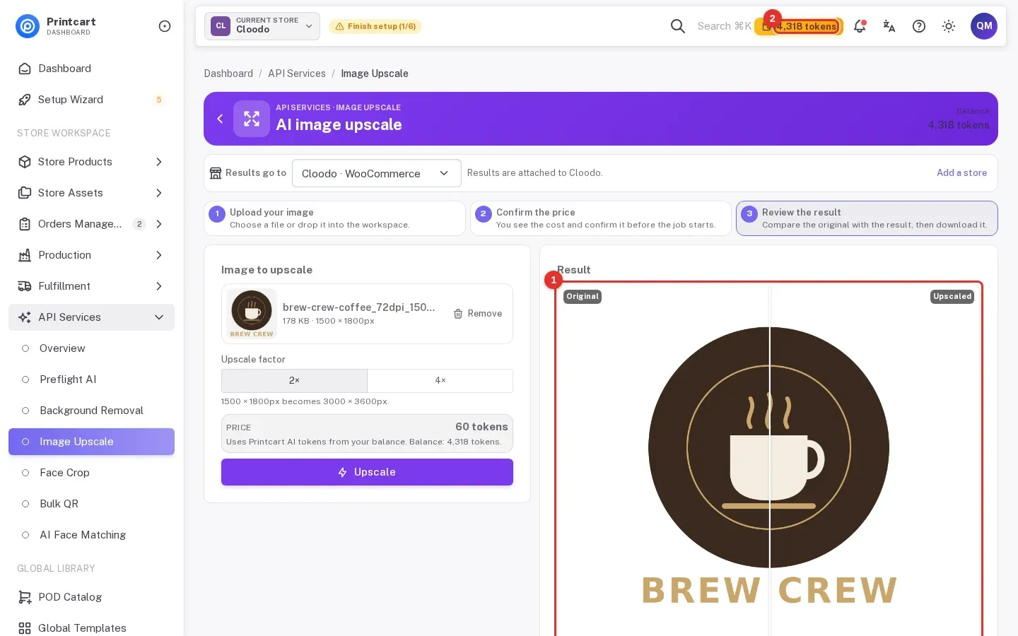 Image Upscale result with a before and after slider comparing the original and the upscaled logo, marked 1, and the token balance marked 2