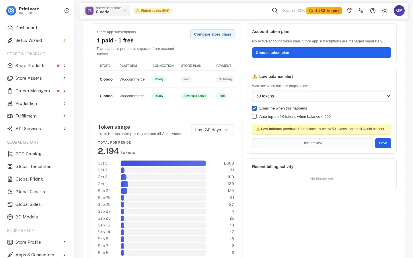 Wallet and Billing page after clicking Preview low-balance state, showing the low balance message