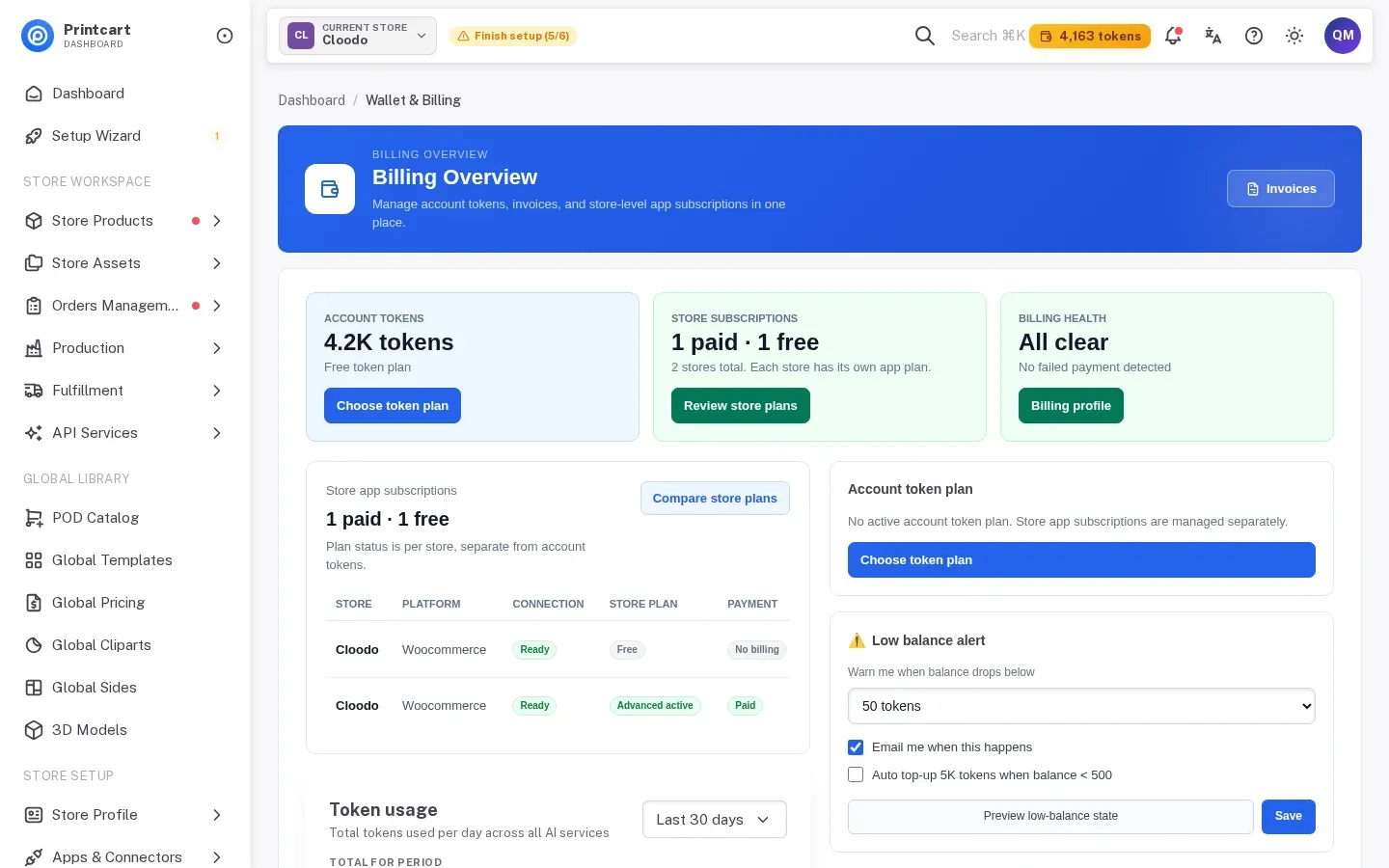 Wallet and Billing overview with the account token balance, store plans and the low balance alert setting