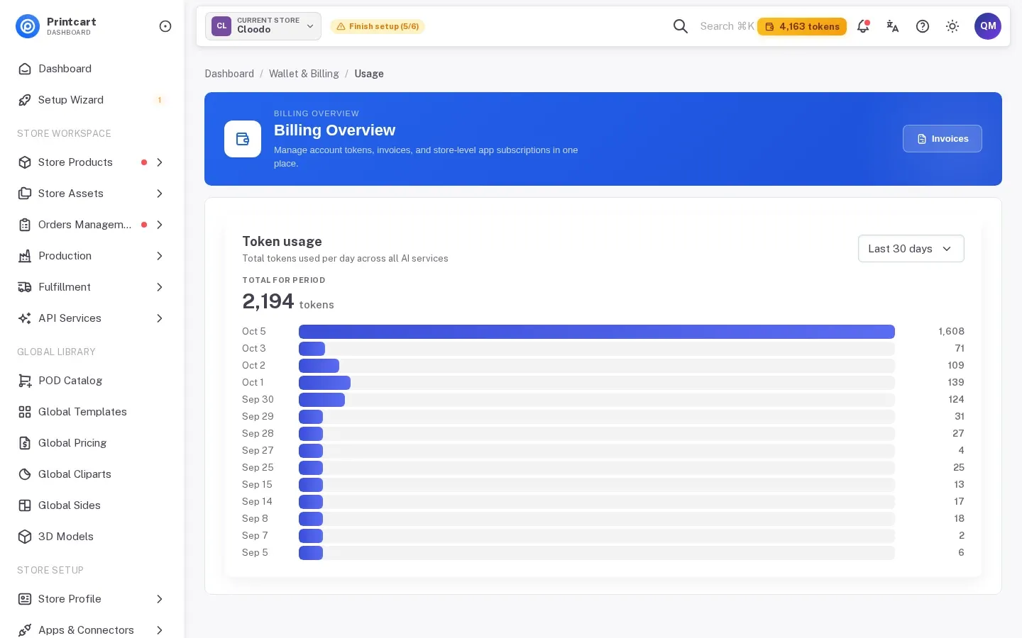 Wallet and Billing usage page showing tokens used per day across all AI services