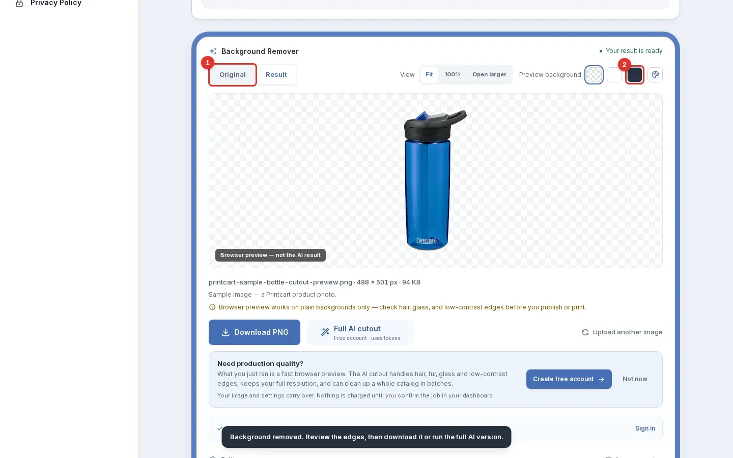 Result view of the sample bottle with the Original tab marked 1 and the preview background swatches marked 2
