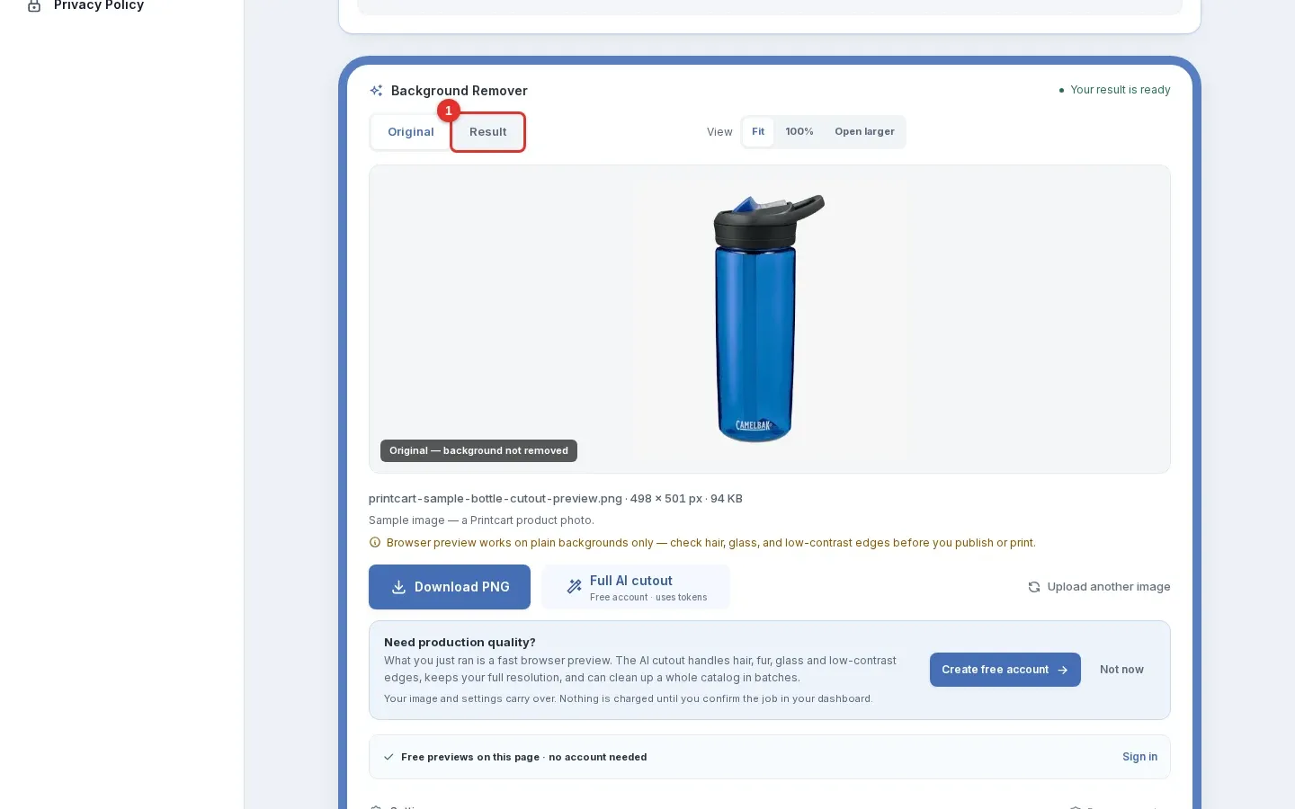 Original view of the same sample, labelled Original, background not removed, with the Result tab marked 1