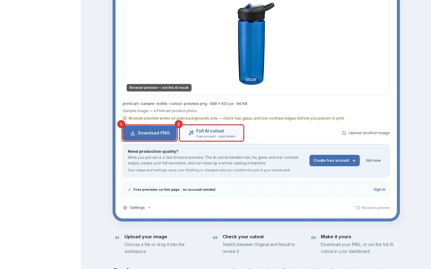 Download PNG button marked 1 and the Full AI cutout button marked 2 under the cutout preview