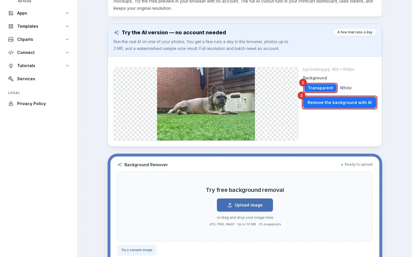 The AI trial panel with a photo of a French bulldog added, the Transparent option marked 1 and the Remove the background with AI button marked 2