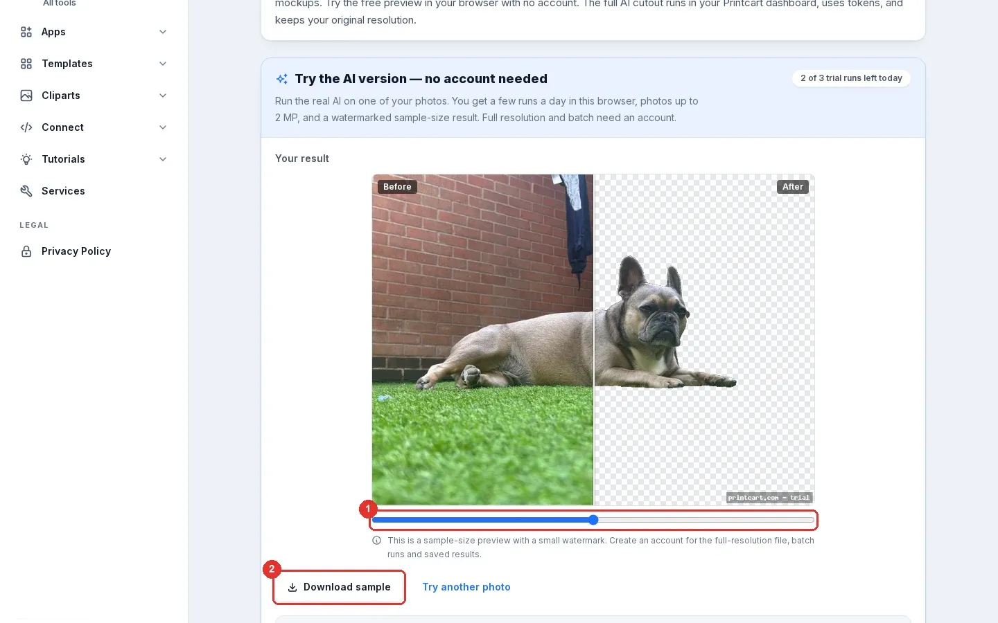 The AI trial result with a before and after slider marked 1 and the Download sample button marked 2, showing the dog cut out on a transparent background