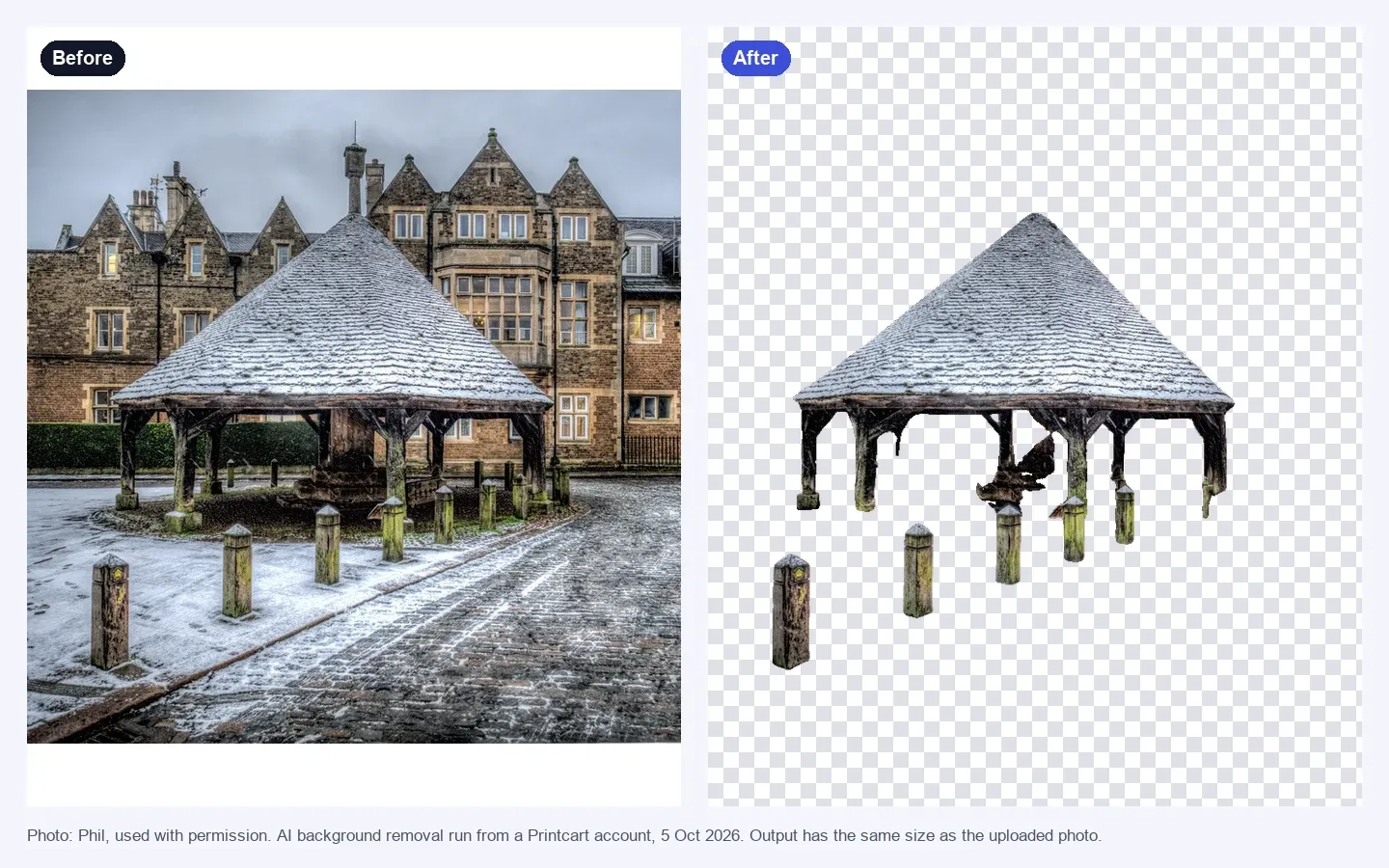 Before and after comparison of a snow-covered gazebo where the cutout keeps the roof but removes several of the wooden posts