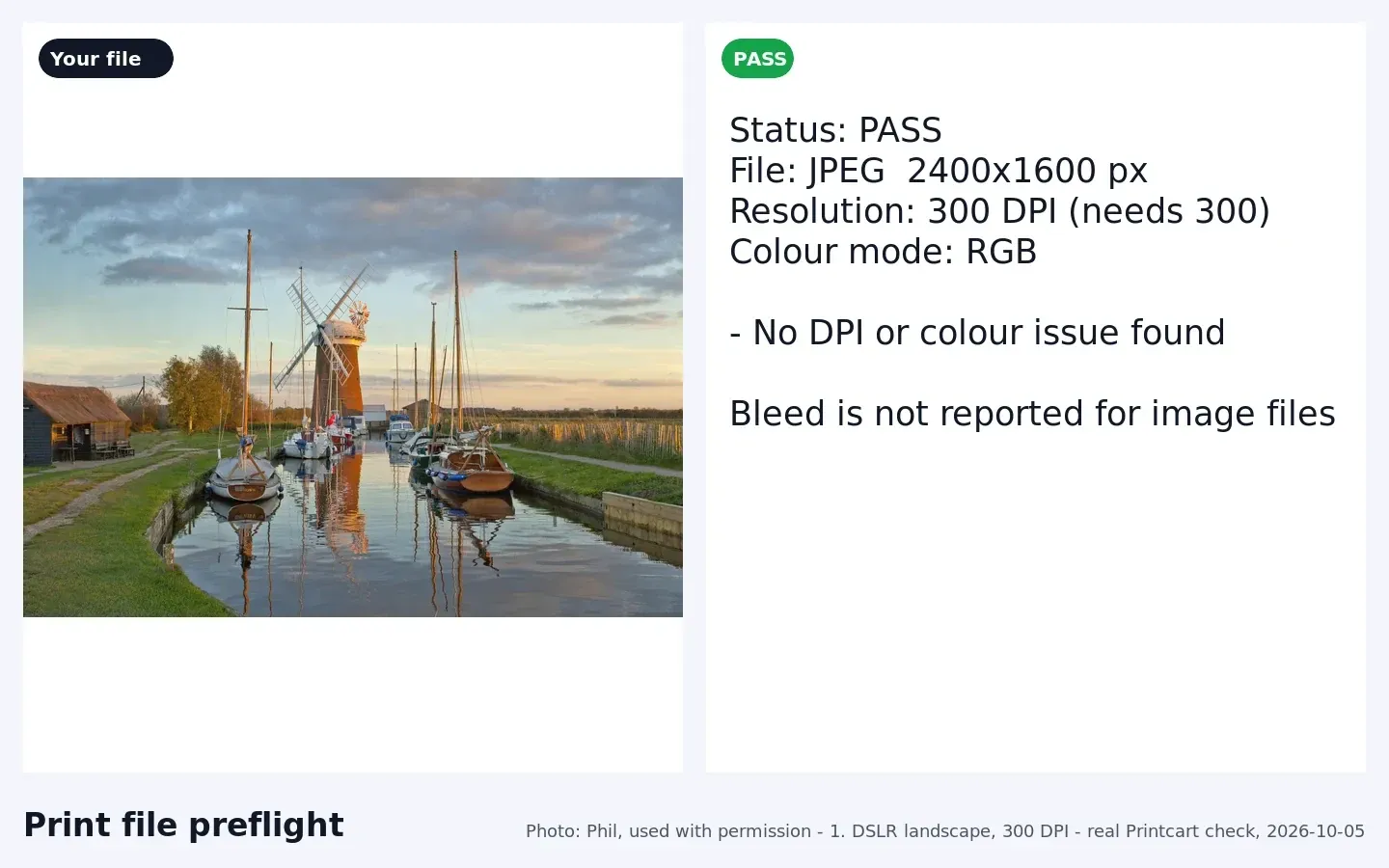 Example full preflight report for a 2,400 by 1,600 px JPEG at 300 DPI showing status PASS