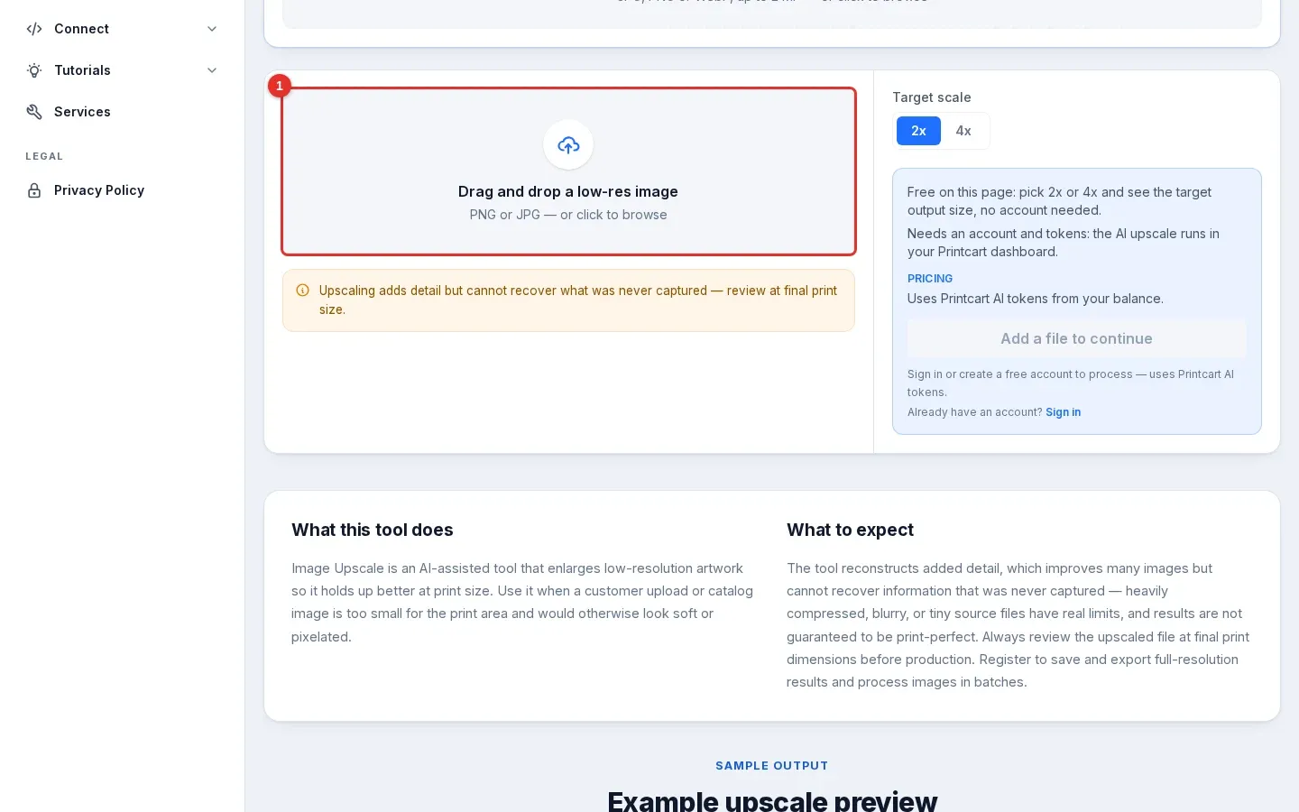 The Image upscale page with the Drag and drop a low-res image area marked 1