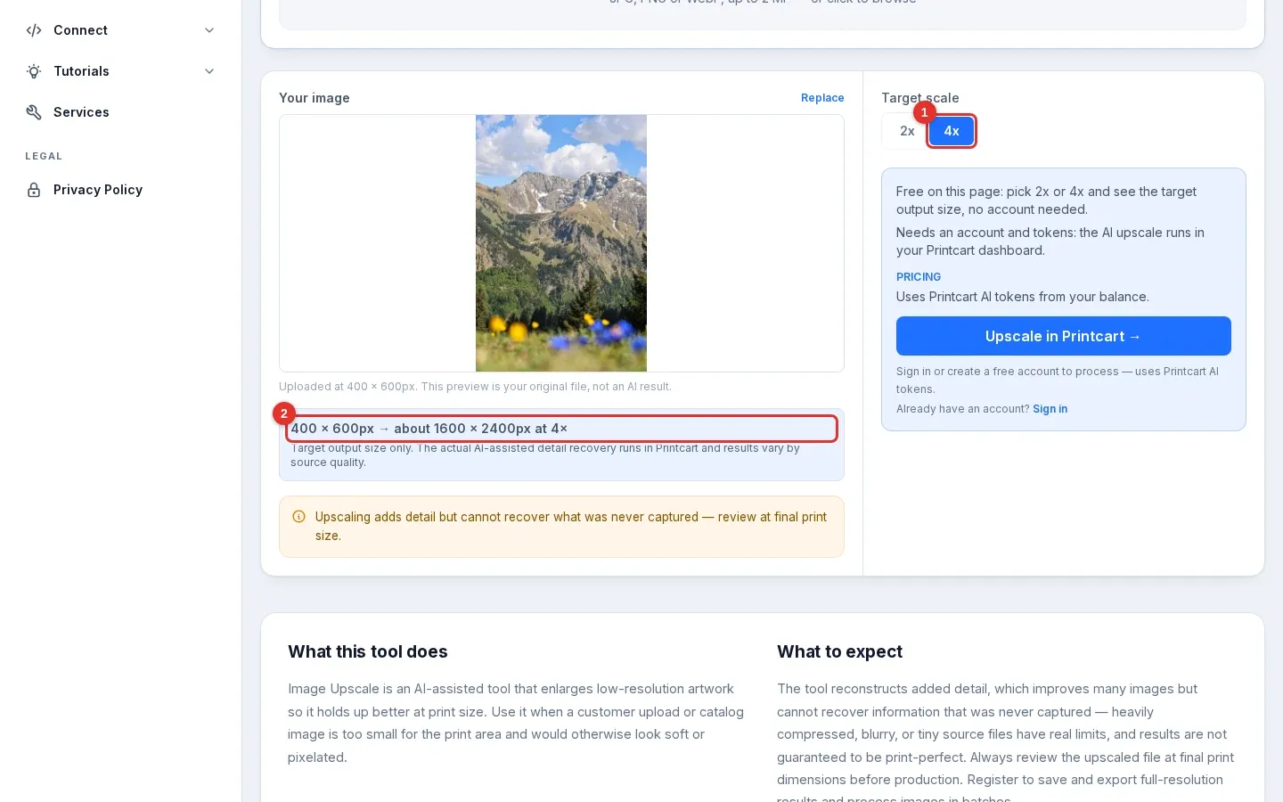 The upscale page with 4x selected and marked 1, and the line about 1600 by 2400 pixels at 4x marked 2