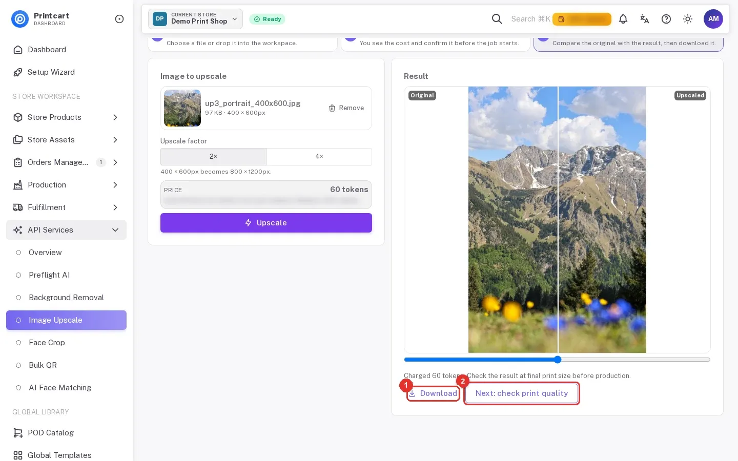 The Result panel with a before and after slider, the Download link marked 1 and the Next: check print quality button marked 2
