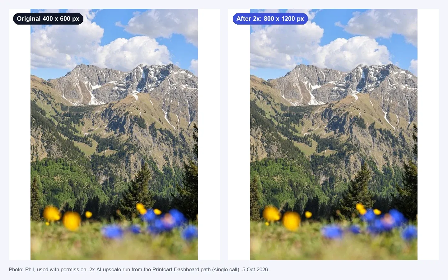 Before and after comparison of a mountain photo, the original at 400 by 600 pixels and the 2x upscale at 800 by 1200 pixels