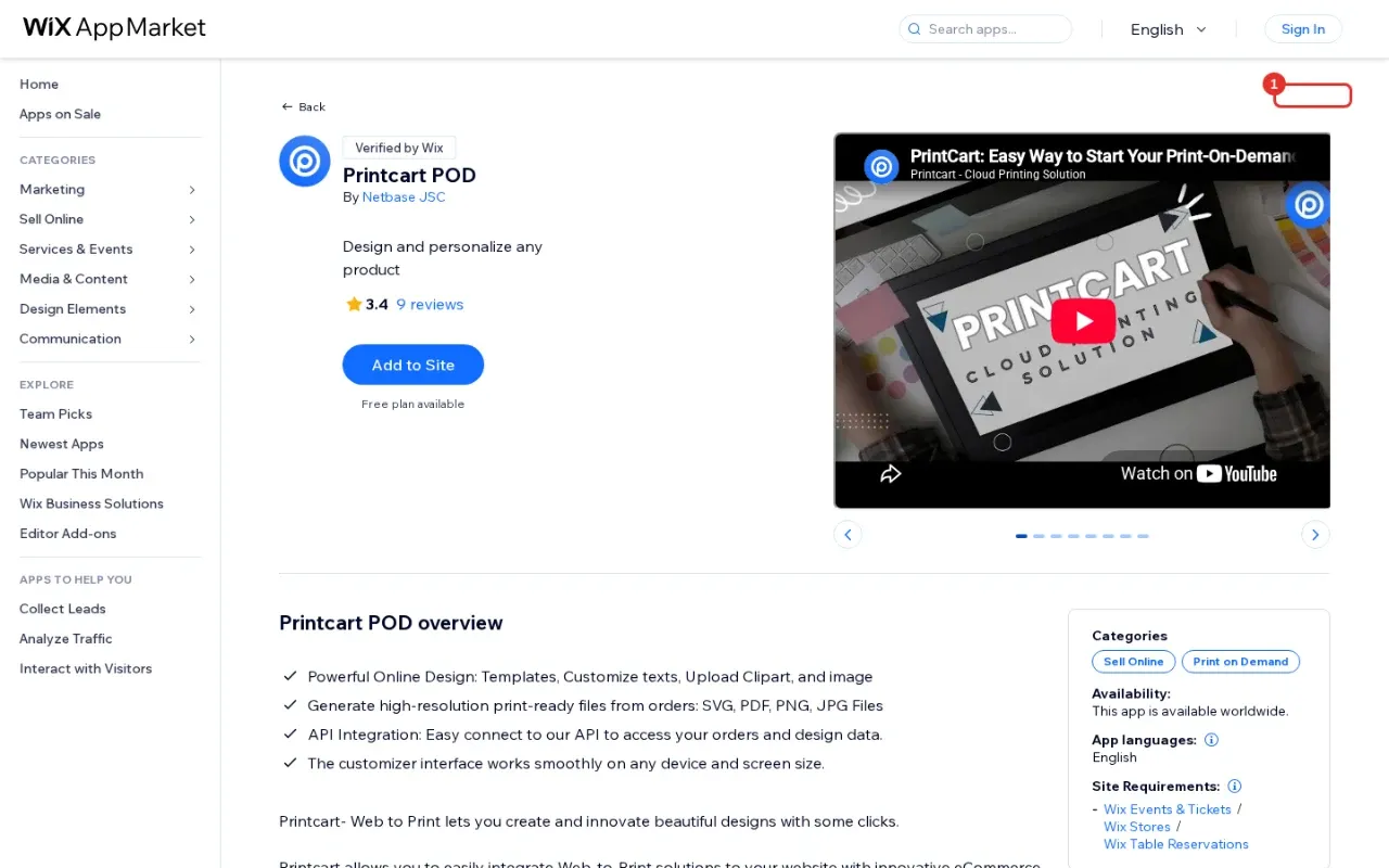 Printcart POD listing on the Wix App Market with the Add to Site button highlighted