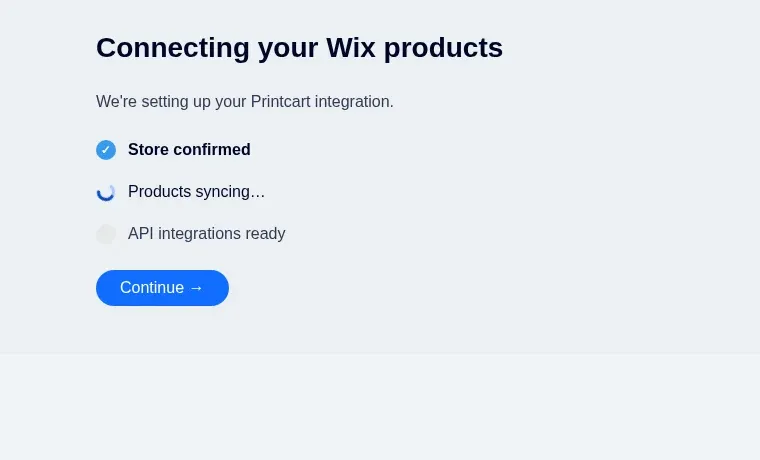 Connecting your Wix products checklist with store confirmed and products syncing