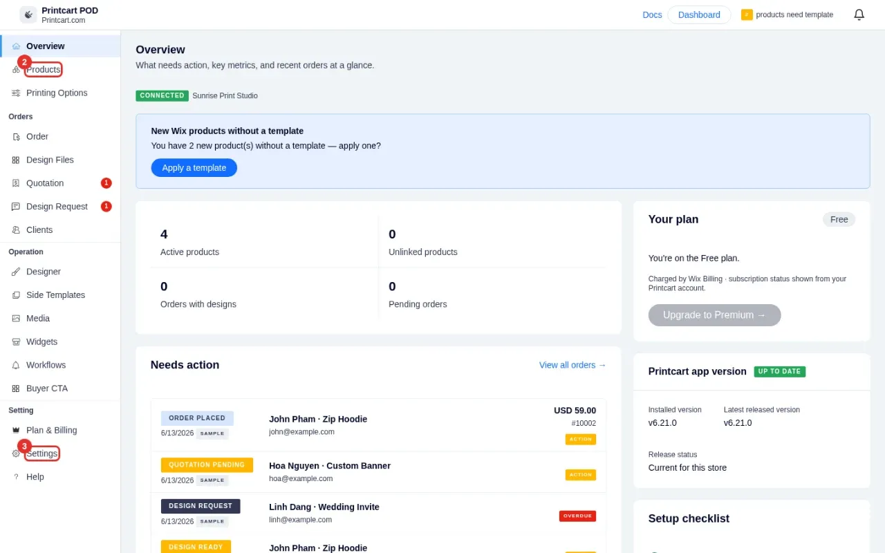 Printcart Overview page with the Connected badge and left menu