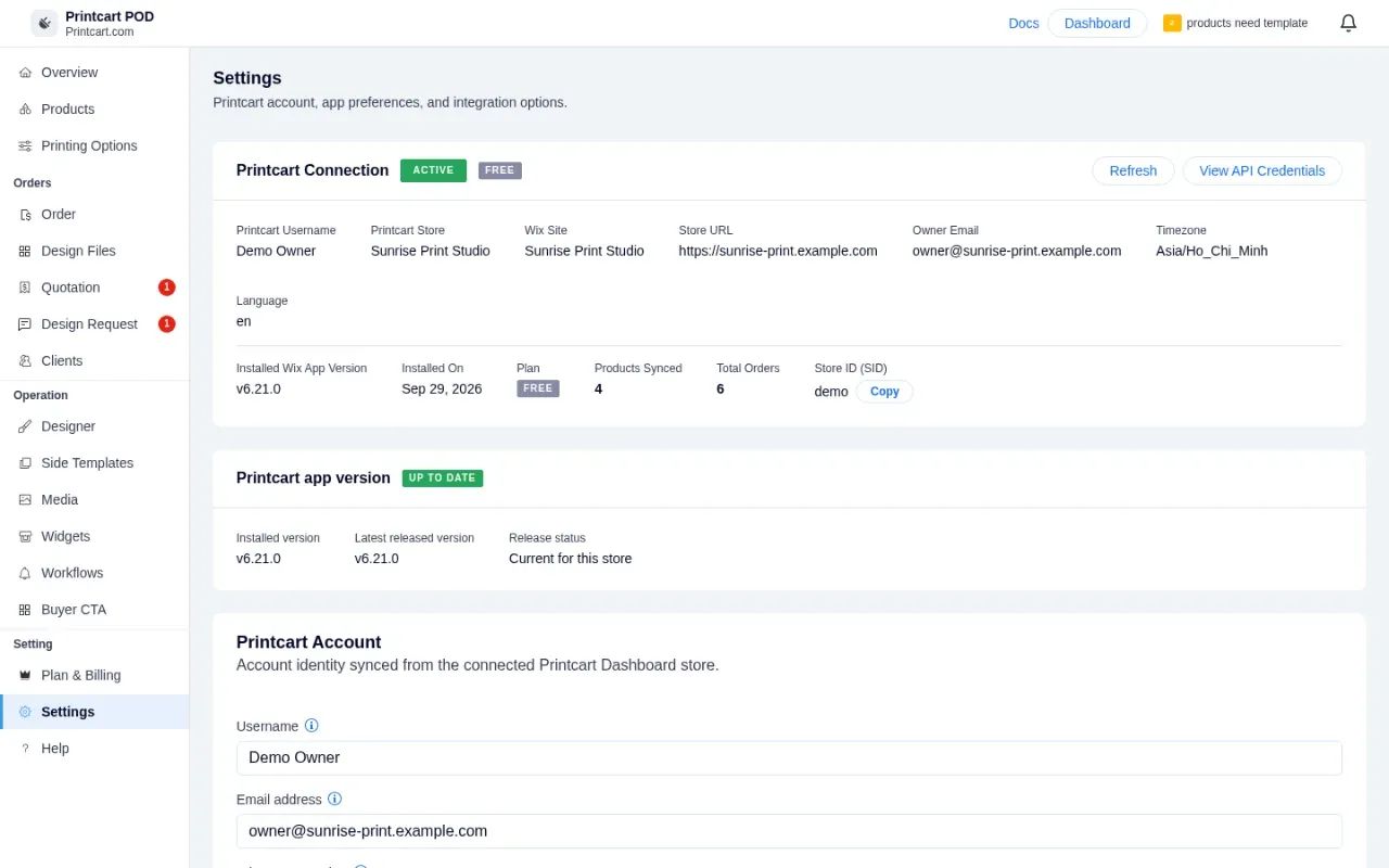Settings page with the Printcart Connection card showing status Active and app version 6.21.0