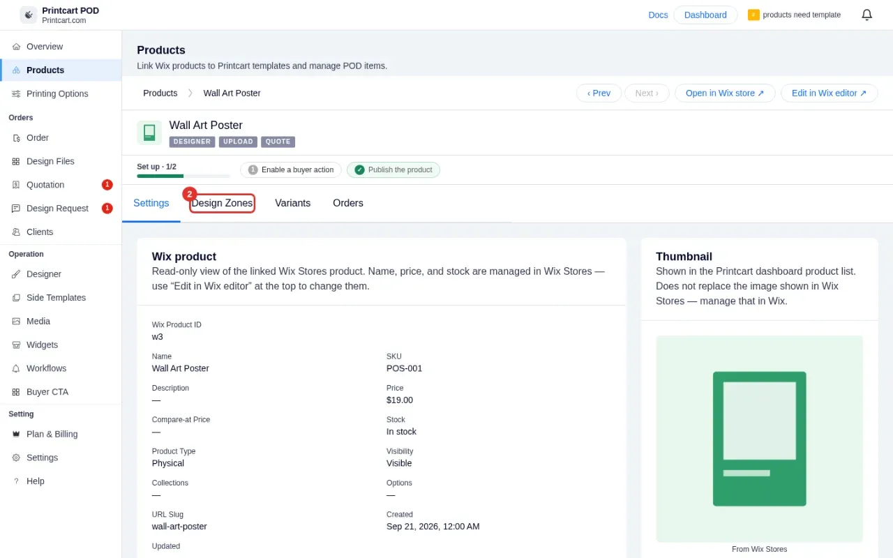 Product page with the Storefront features card and Design Zones tab highlighted