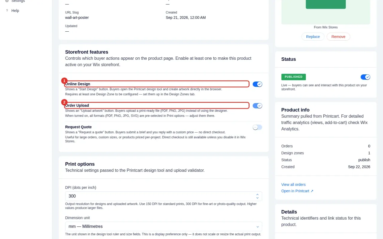 Online Design and Order Upload toggles switched on