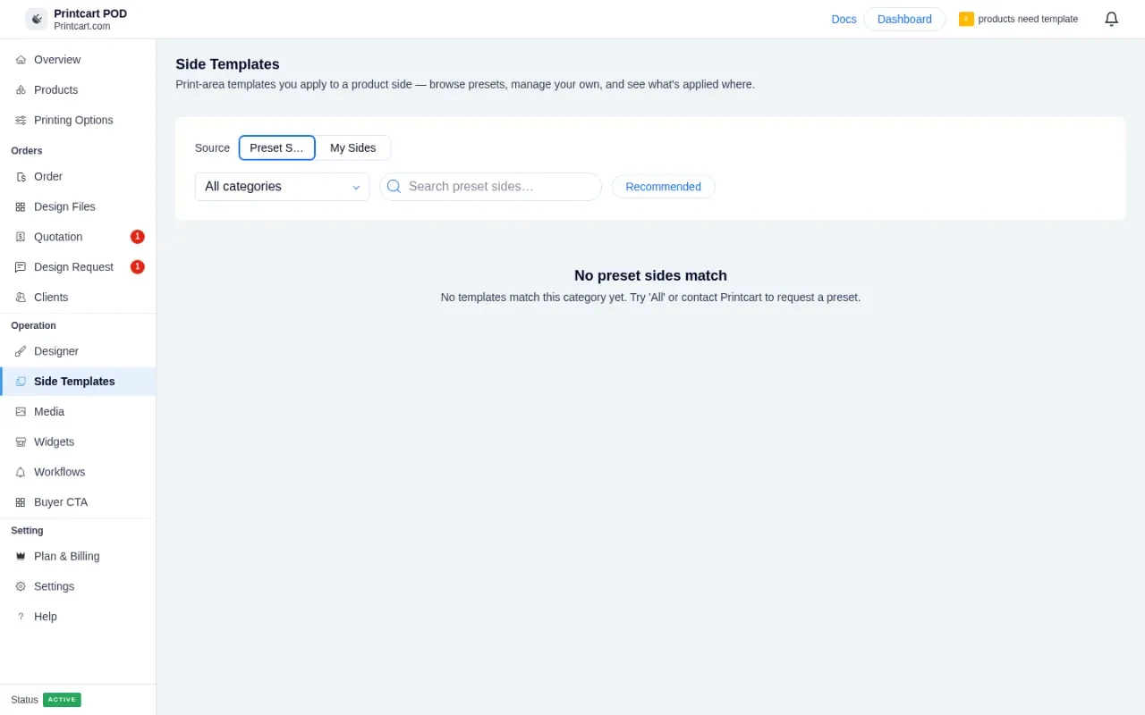 Side Templates page with Preset Sides and My Sides tabs