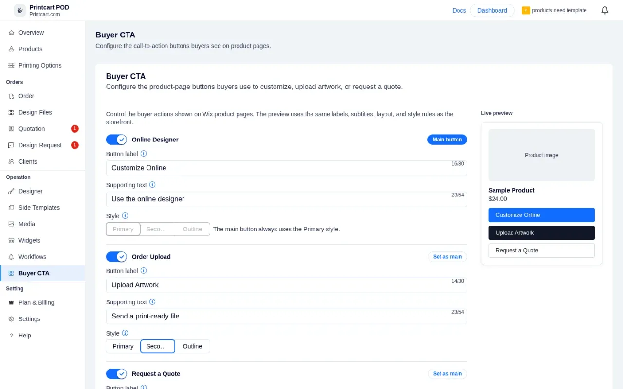 Buyer CTA menu with button labels and a live preview of the product page