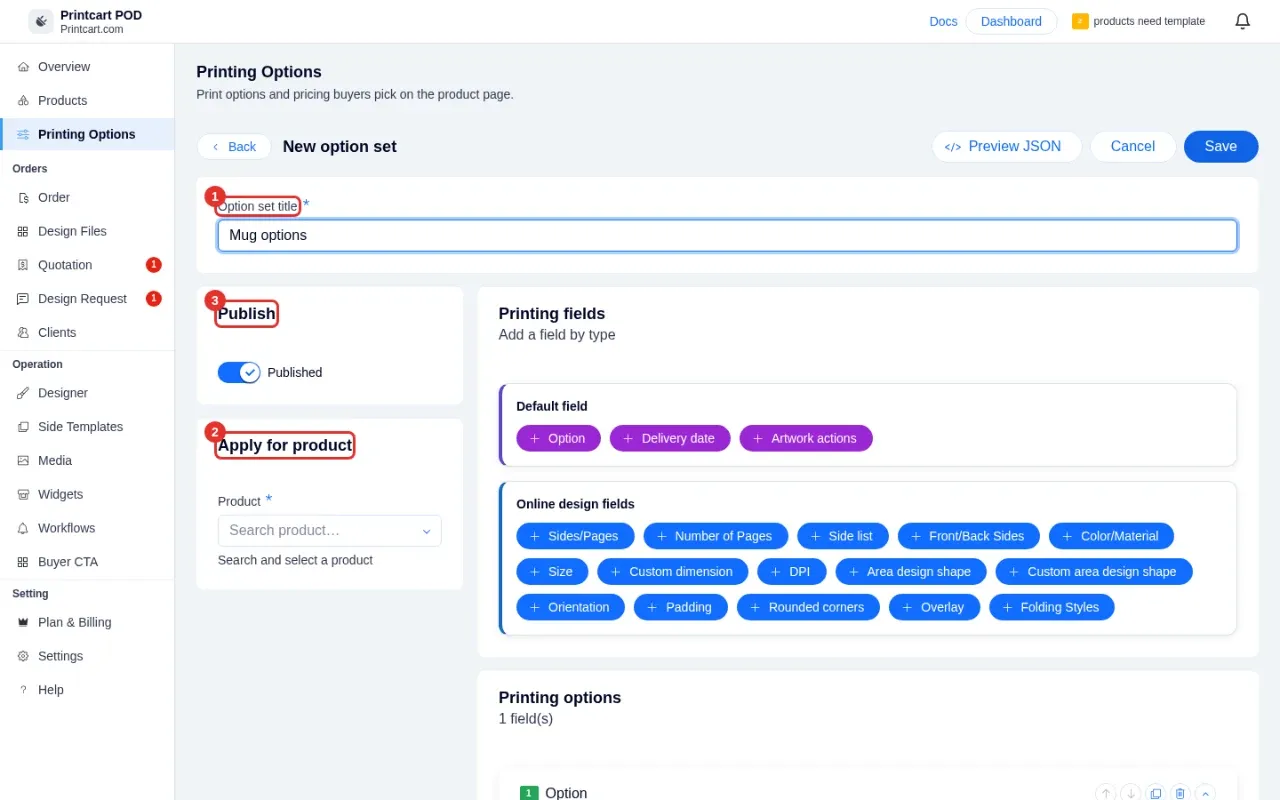 New option set form with title, apply for product and publish controls highlighted