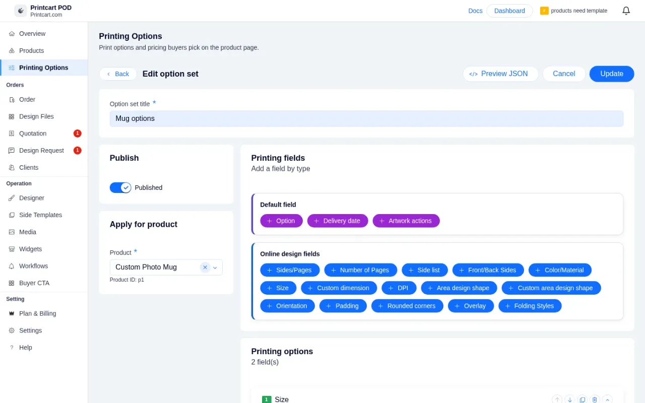 Edit option set page with the Update button