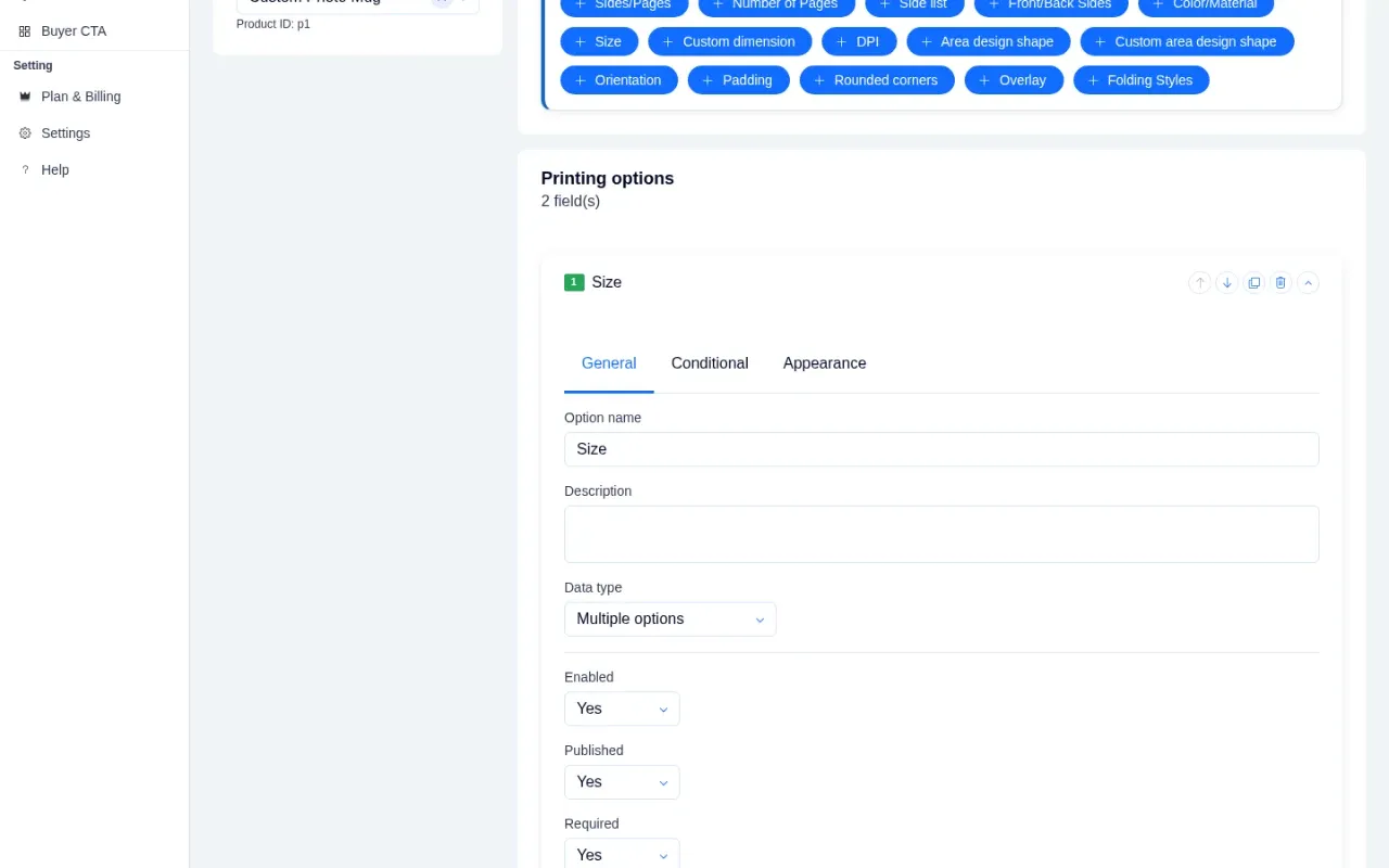 Option fields Size and Gift message with prices in the editor