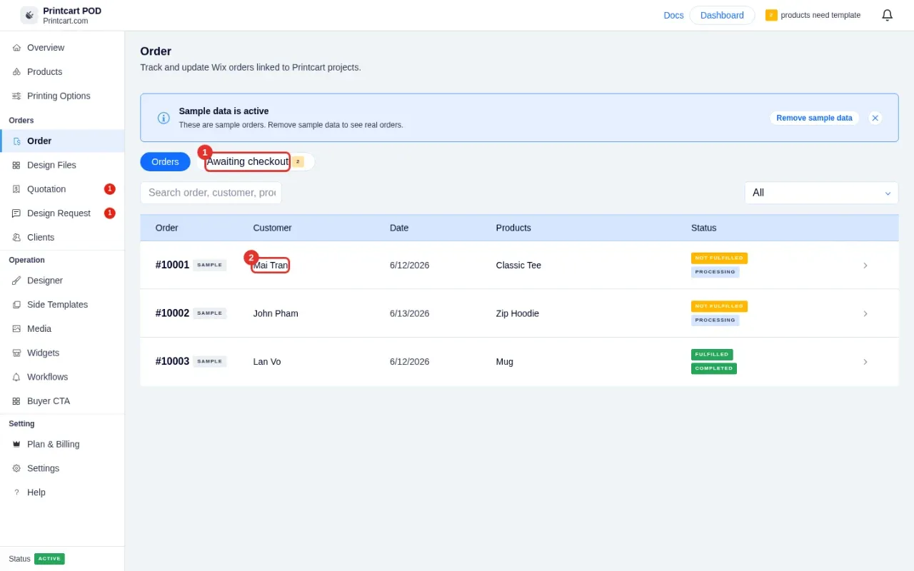 Orders list with the Awaiting checkout tab and a customer row highlighted