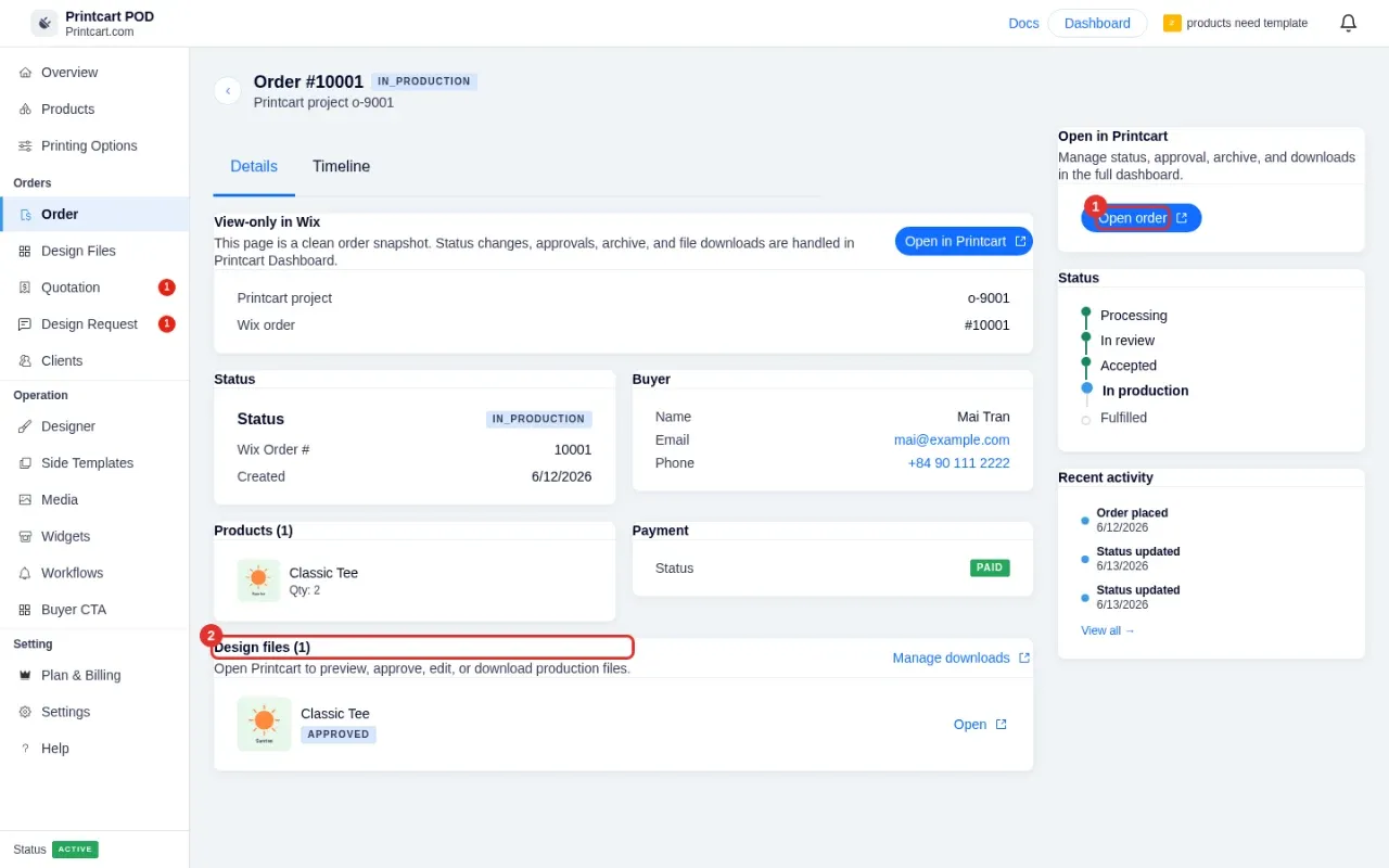 Order detail page with the Open order button and the Design files section highlighted