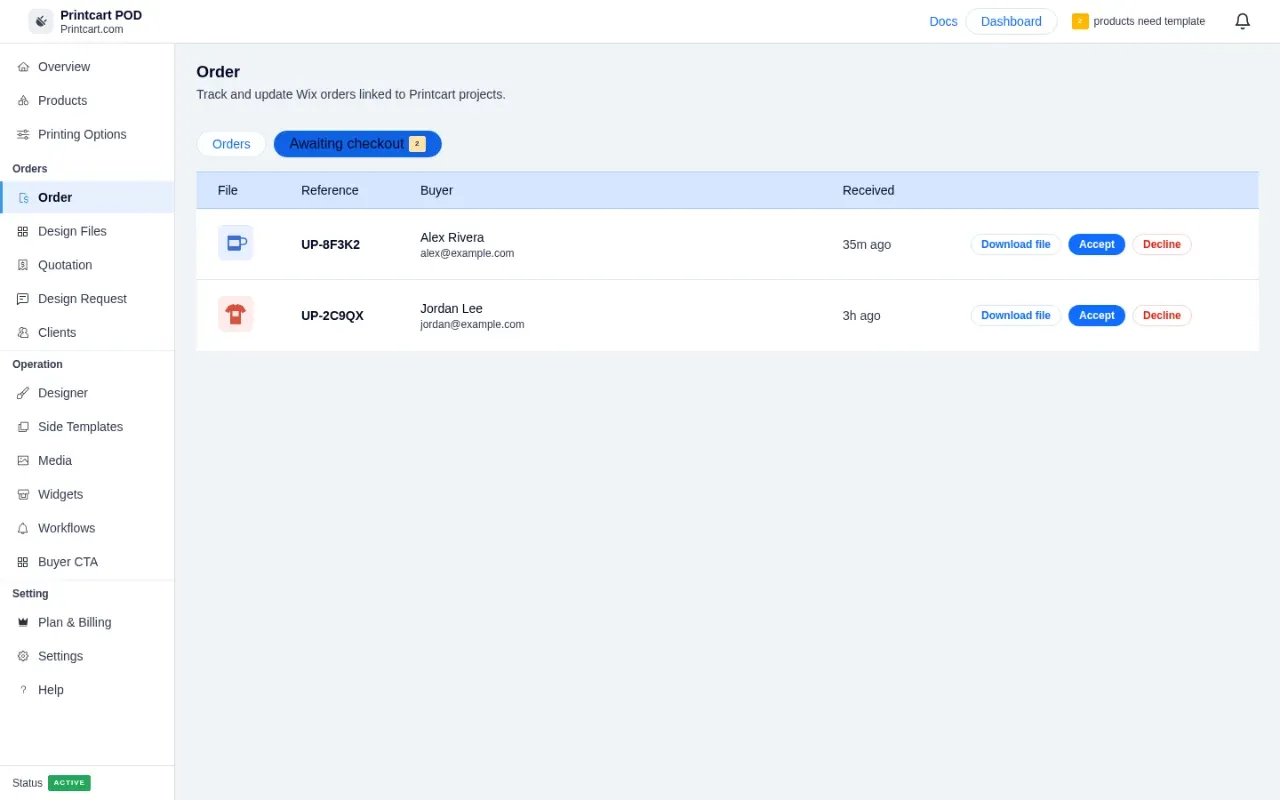 Awaiting checkout list with Download file, Accept and Decline buttons