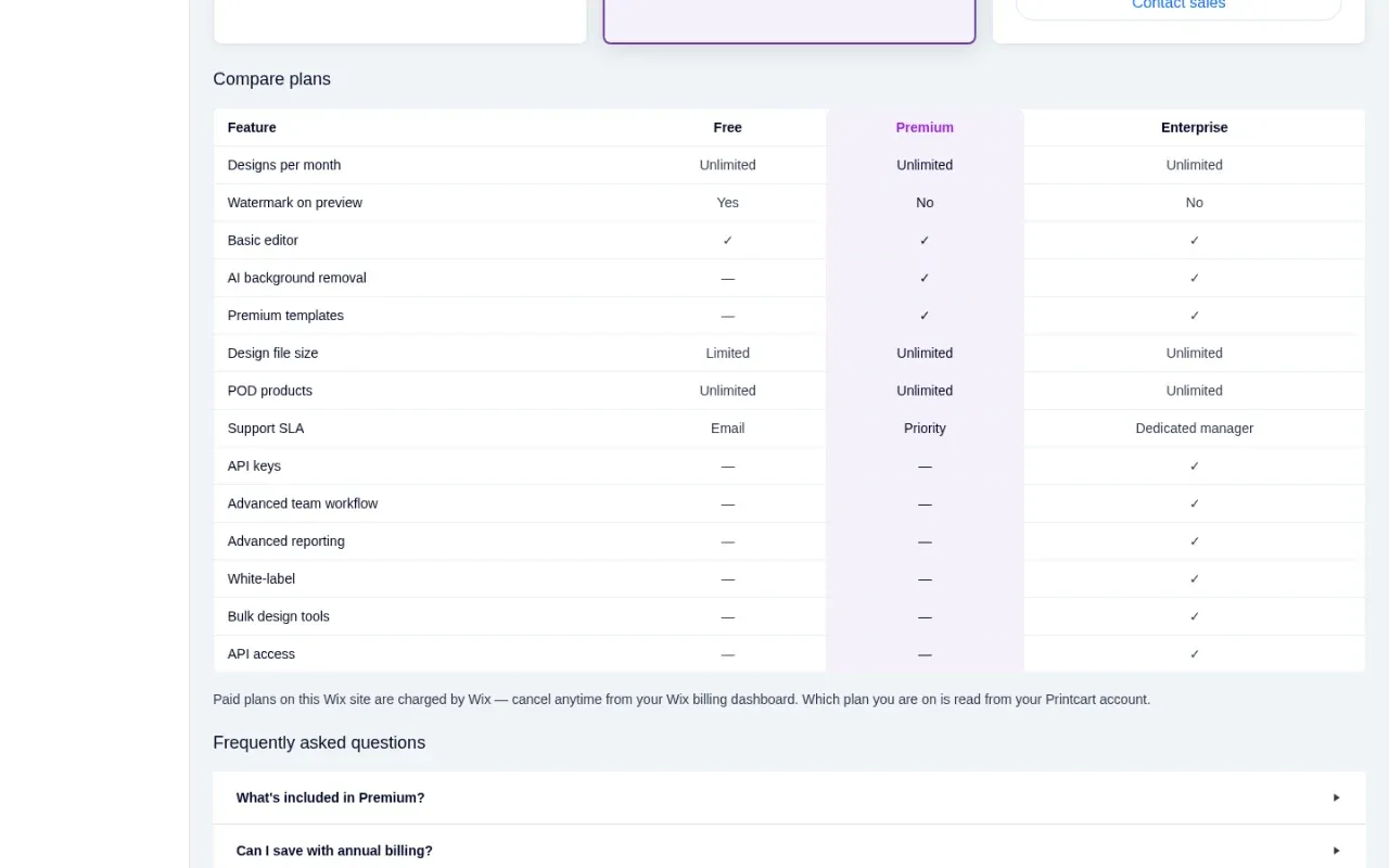 Compare plans table for Free, Premium and Enterprise