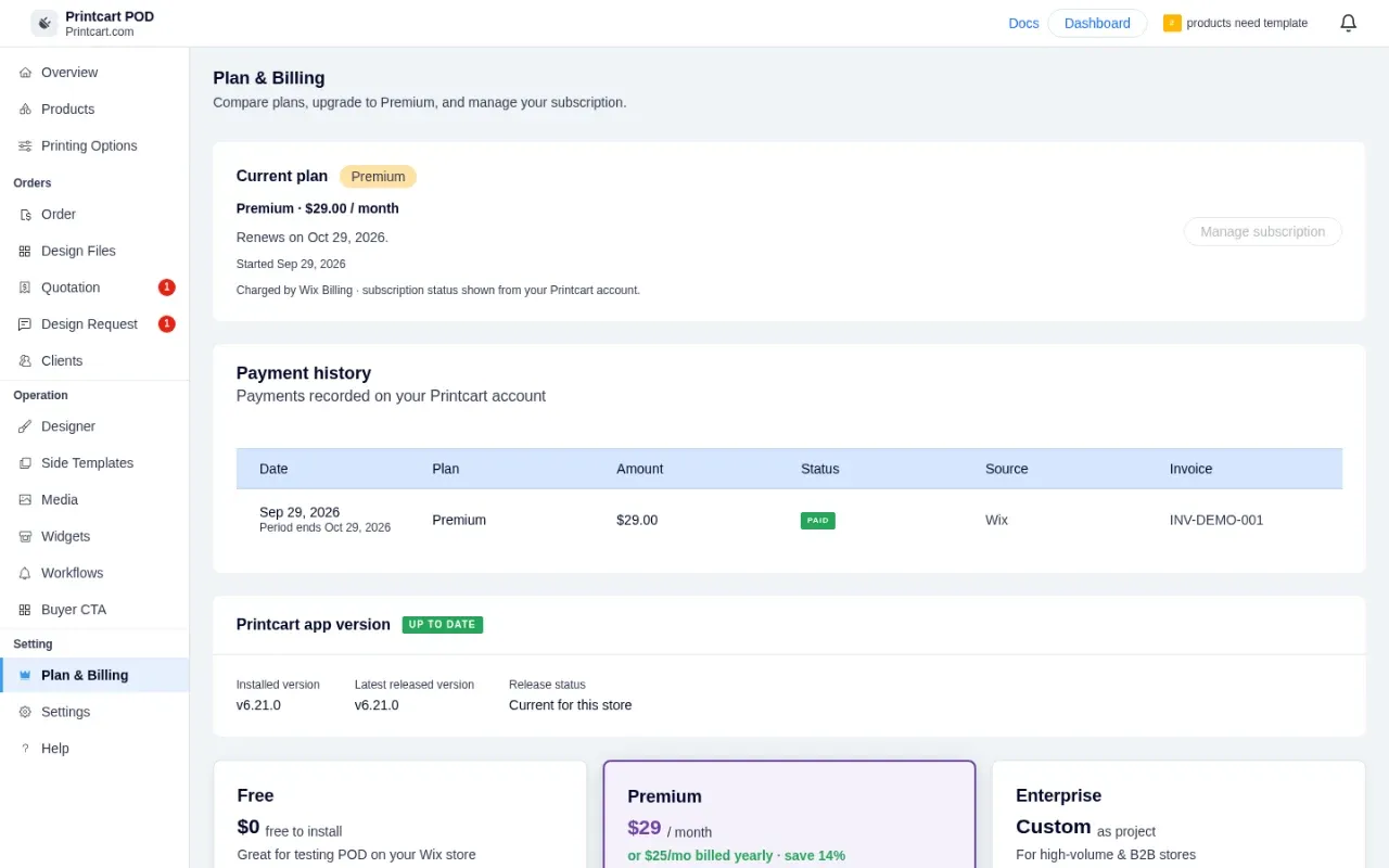 Plan and Billing showing an active Premium plan with a paid invoice in payment history