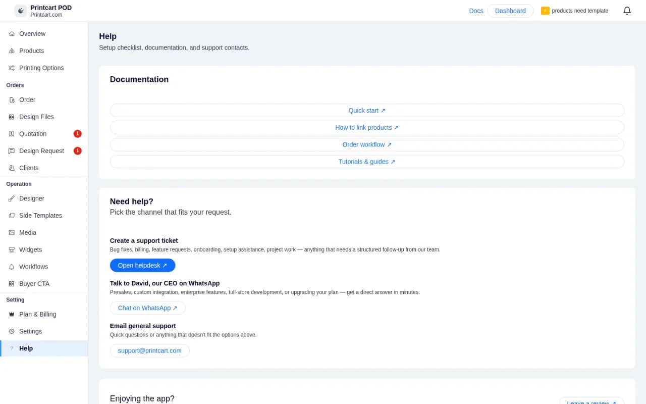 Help page in the Printcart POD app