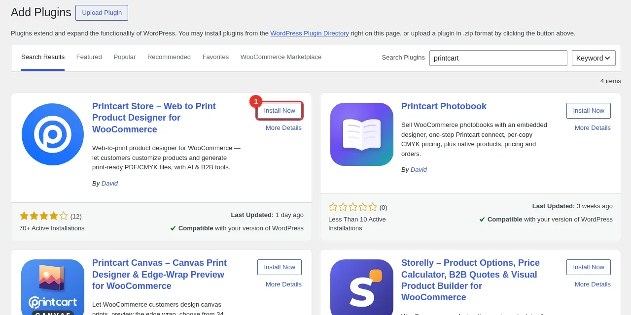 WordPress Add Plugins screen showing the Printcart Store plugin card with the Install Now button highlighted