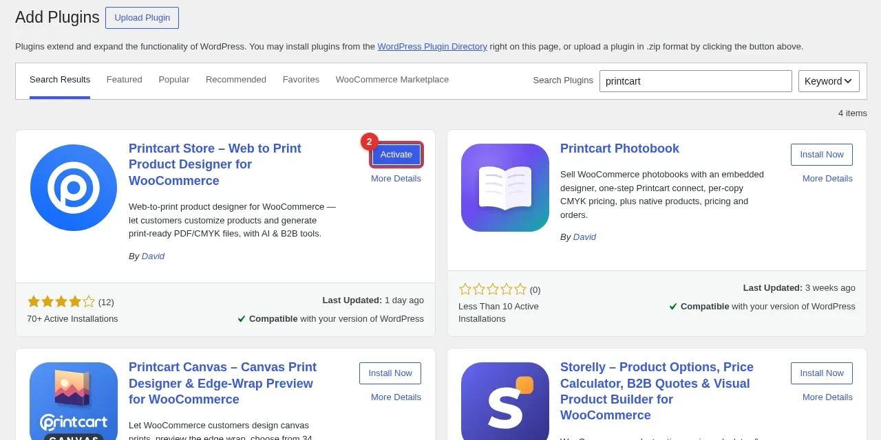The Printcart Store plugin card after installation with the Activate button highlighted